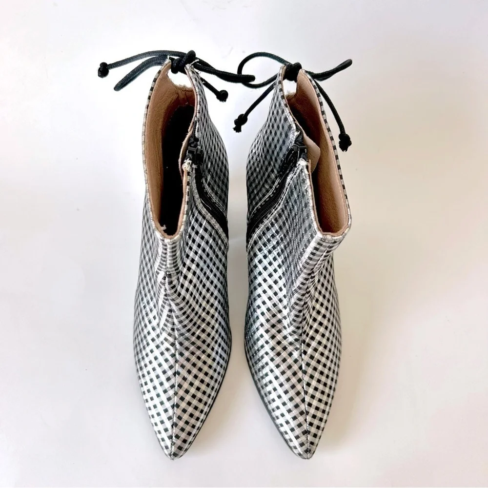 Anthropologie Metallic Check Pointed Toe Ankle Boot Silver Black Block Heel 36 - Picture 5 of 11